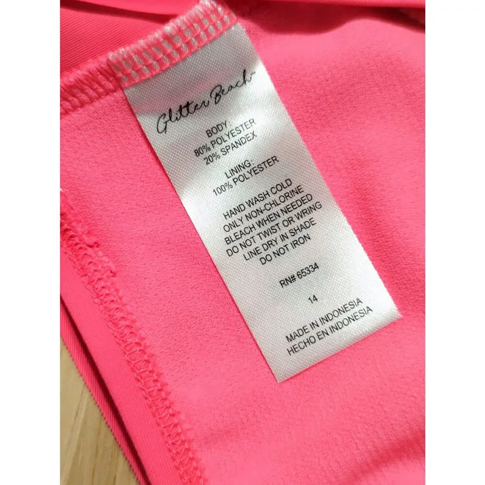 Glitter Beach Big Girls Flounce Bikini Top Foil Print, Coral Pink‎ Size 14